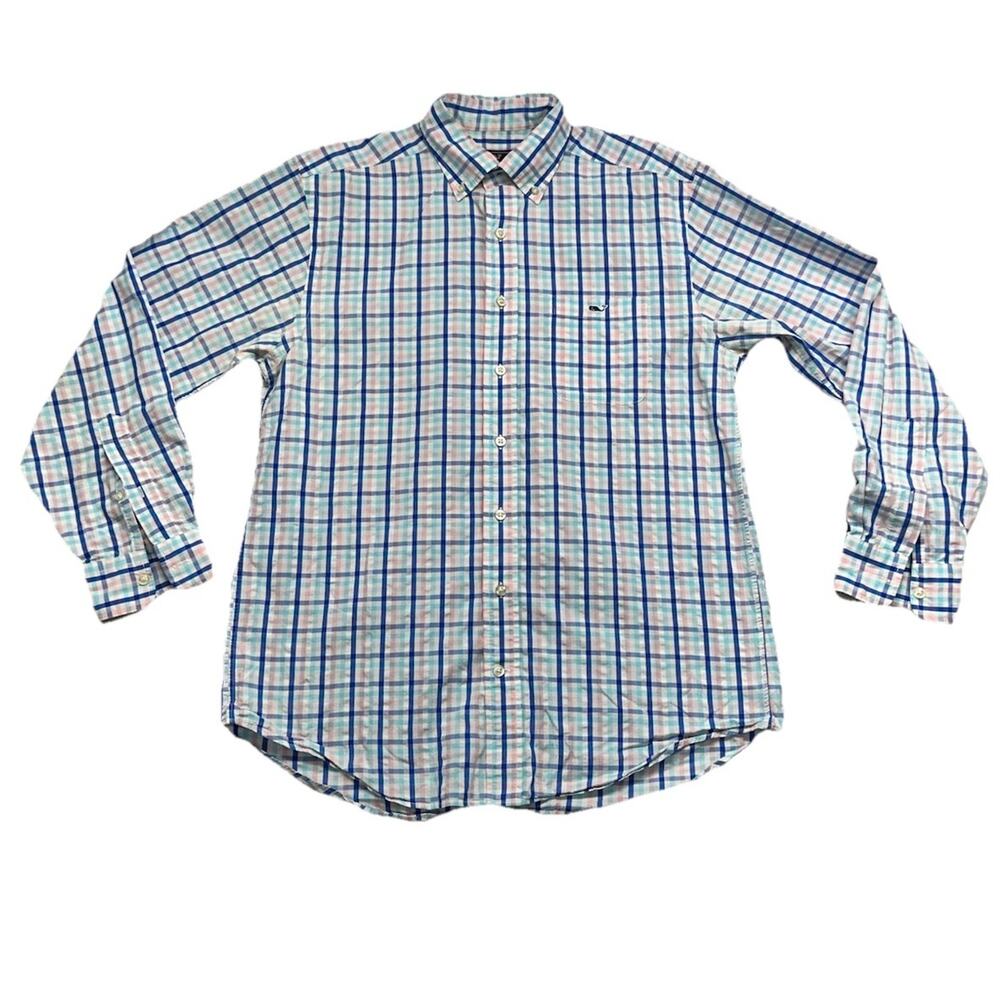Vineyard Vines Mens Medium Button Up Plaid Pink Blue Tucker Shirt 100% Cotton